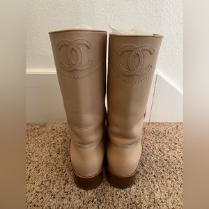 Chanel Ascot Light Beige Clair Leather Riding Flat Boot Big CC Logo Shoe 38